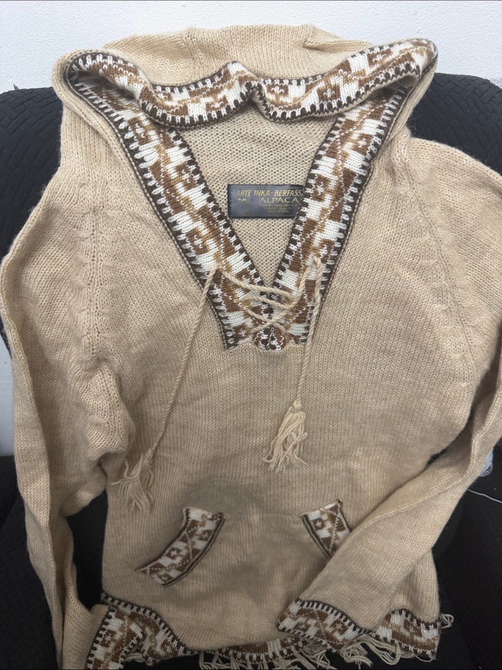 Alpaca Blend Beige Hooded Poncho Sweater with Patterned Trim
